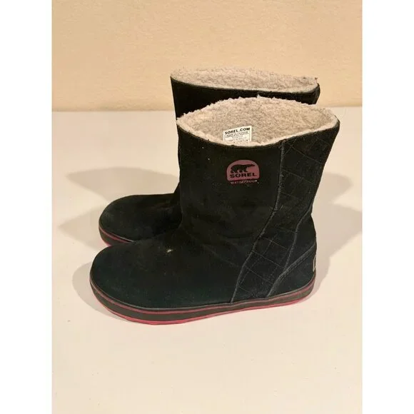 Sorel Glacy Black Suede Waterproof Winter Boots Sz 7 Sherpa Lined Outdoor NL1975 - Picture 2 of 7